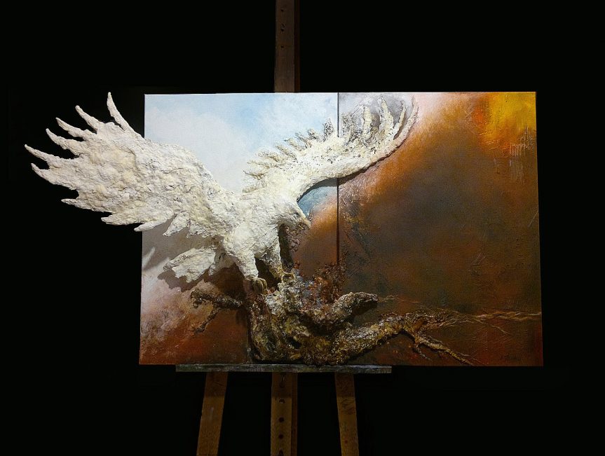 malarstwo abstrakcja obraz przestrzenny duży ptak abstract painting