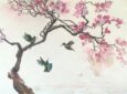 (English) amaranth flutter mineral gold floral landscape painting