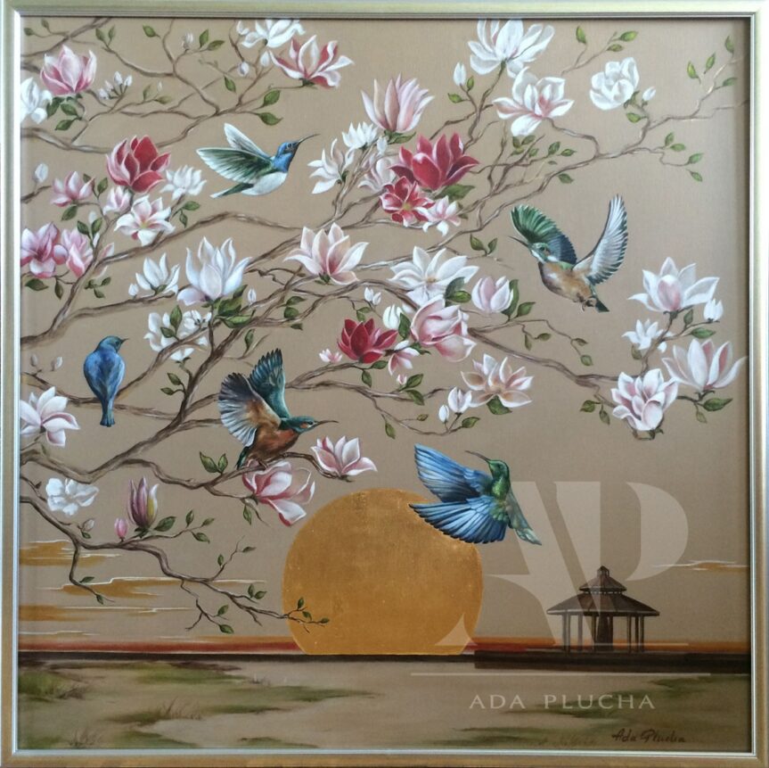 (English) awakening of the sun gold magnolia landscape painting, framed