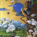 (English) lazurite sun mineral gold egg tempera landscape painting magnolia asia inspiration