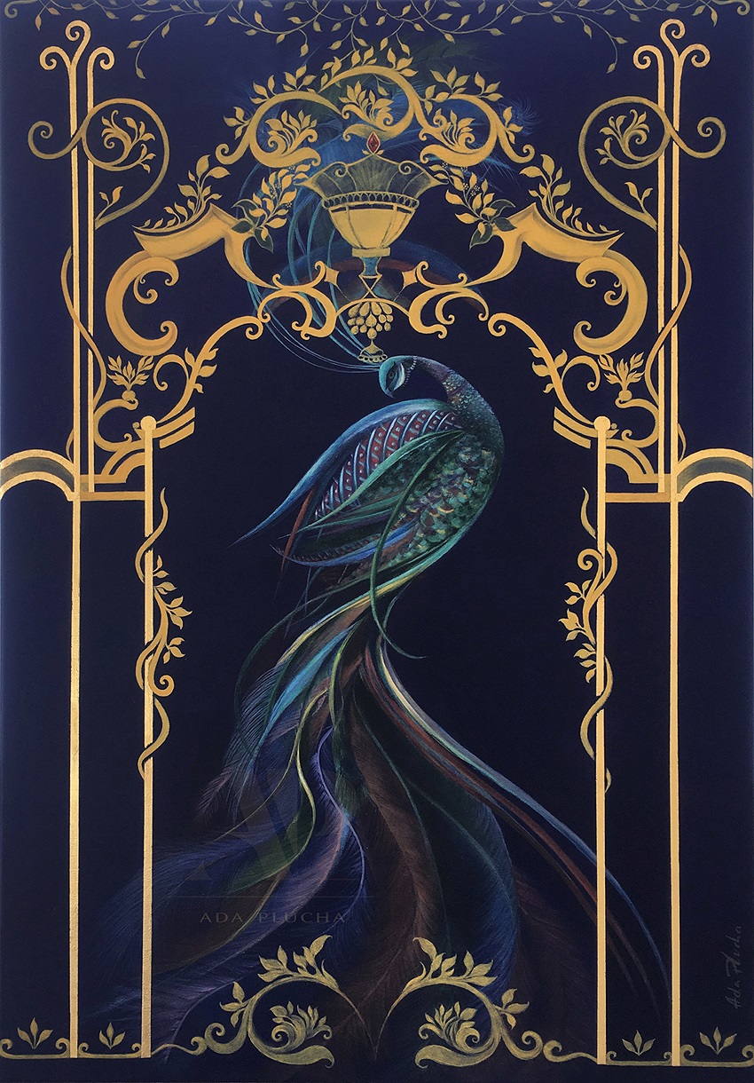 styl glamour niebieski obraz królewski paw złota brama adriana plucha golden wall decor
