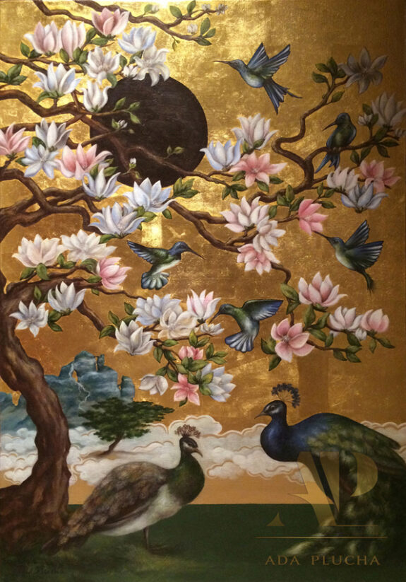(English) obsidian sun gold leaf peacock evening