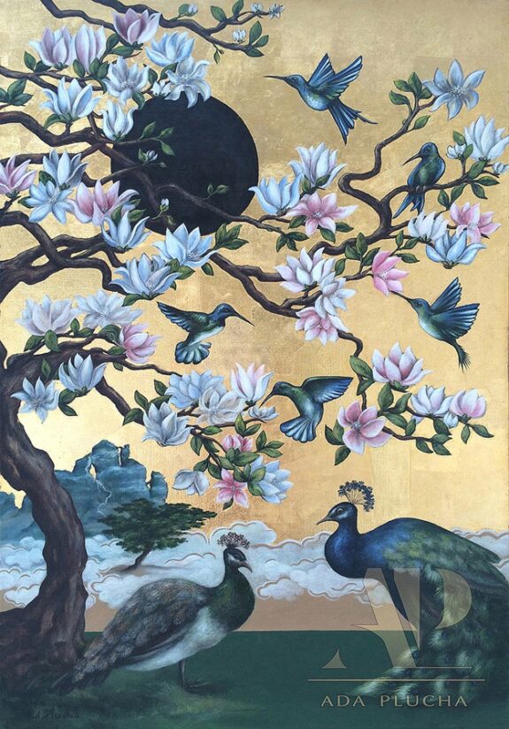 (English) obsidian sun gold magnolia peacock landscape painting auction record