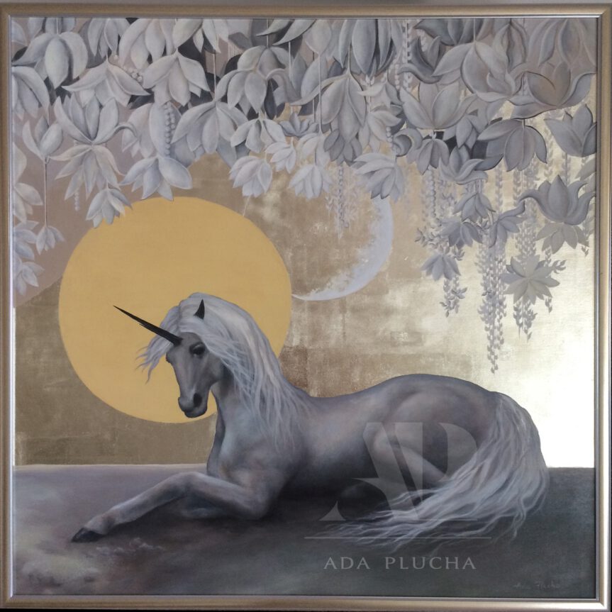 obrazy do salonu, styl glamour, obrazy nowoczesne, obrazy na ścianę, malarstwo współczesne, księżyc, jednorożec, białe kwiaty