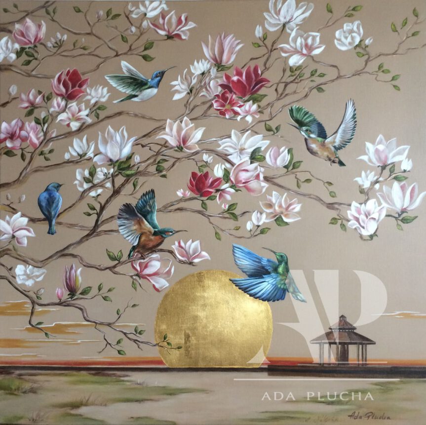 złote obrazy do salonu glamour, złote dodatki do salonu i do sypialni, typu home decor, pejzaż z ptakami i kwiatami, słońce