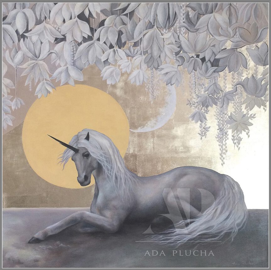 obrazy do salonu, home decor, białe złoto, styl glamour, obrazy nowoczesne, malarstwo, księżyc i jednorożec, galeria sztuki warszawa