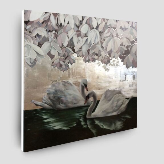 pejzaż z łabędziami, obrazy do salonu glamour, obrazy do sypialni, nowoczesny obraz ze srebrem, srebro na obrazie malarstwo, galeria sztuki warszawa, srebrne dodatki