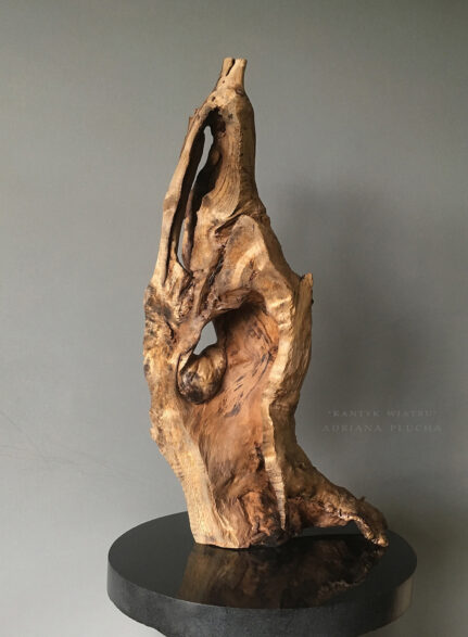 rzeźba do wnętrz, rzeźba do salonu, naturalny kamień i drewno na czarnym błyszczącym granicie, nowoczesna rzeźba