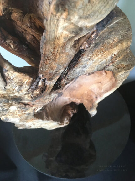 rzeźba do wnętrz, do salonu, naturalny kamień polerowany, czarny, drewno - detal