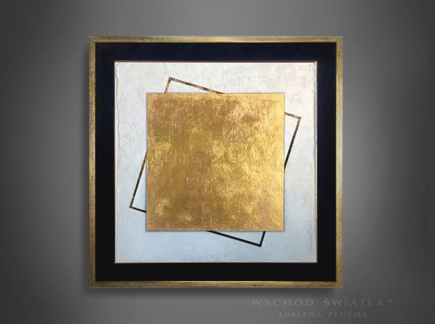 (English) “Universum”, abstract painting on dark wall, golden framed