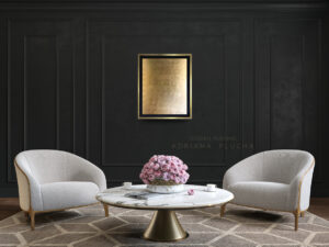 Classic black interior with modern painting, coffee table, flowers and black wall with golden painting in gold frame, bed room