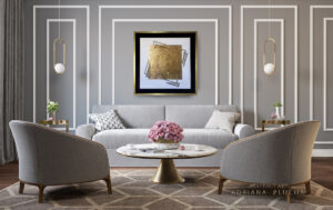 golden painting abstract art on the wall in classic nterior design, grey wall, lamp, coffee table, sofa
