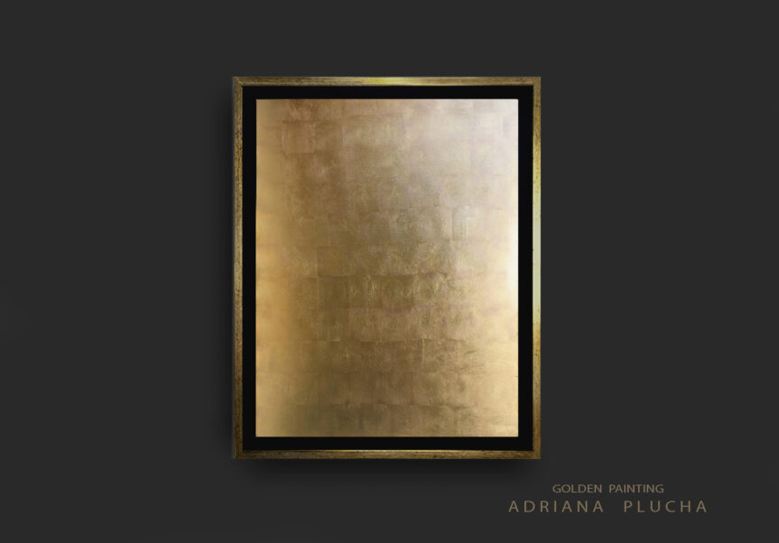 (English) “Aurum vel Vitrum II”, abstract painting with gold leaf on dark wall