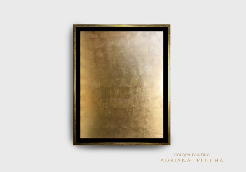 (English) “Aurum vel Vitrum II”, abstract painting with gold leaf on light wall