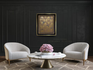 Classic black interior with armchairs, coffee table, flowers and black wall with golden painting in gold frame