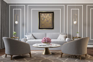 golden painting on the gray wall, gold frame, art, classic interior, home decor