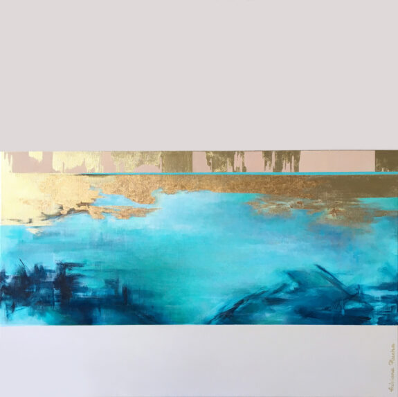 obrazy do salonu glamour, nowoczesne obrazy na ścianę, abstrakcja to pejzaż lazurowy, morski i złoty na szarym matowym tle jako złote dodatki