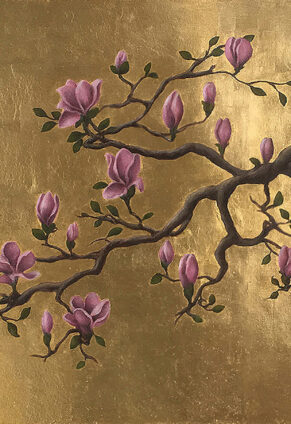 galeria sztuki w warszawie, obrazy do salonu, malarstwo, obrazy na sprzedaż, kwiaty, złote dodatki, magnolie.