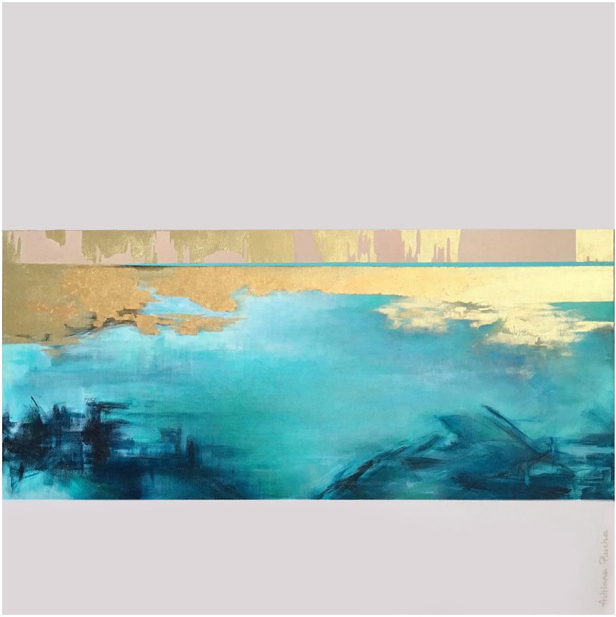 obrazy do salonu glamour, obrazy nowoczesne, pejzaż na szarym tle jako abstrakcja, tafla morza, lazurowe wybrzeże, złote dodatki