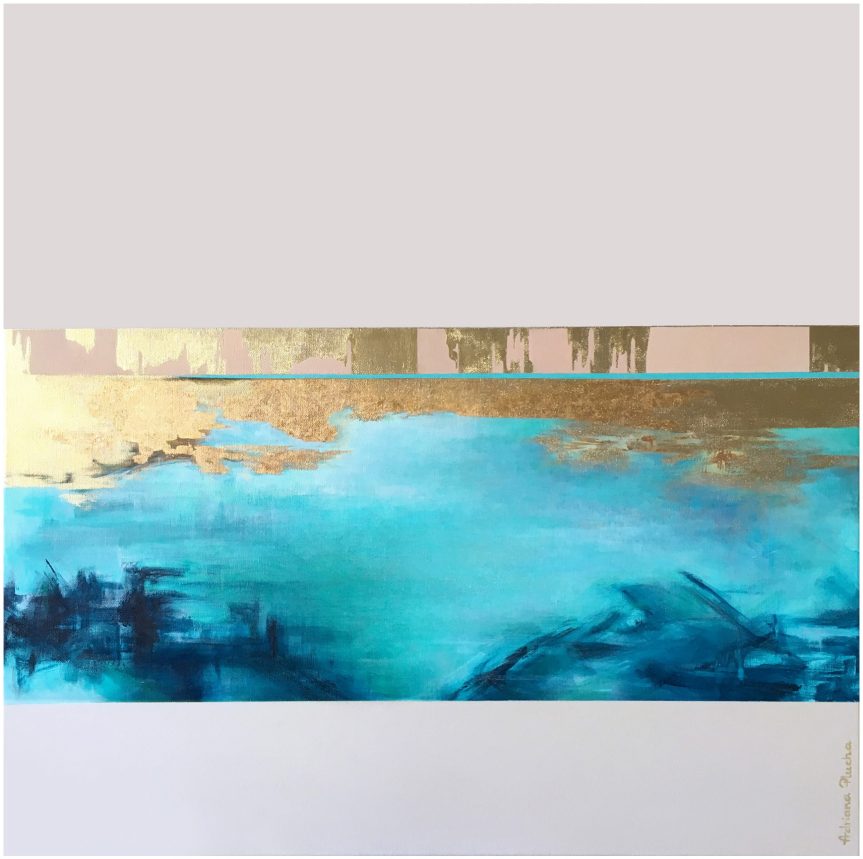 obrazy do salonu glamour, nowoczesne obrazy na ścianę, abstrakcja to pejzaż lazurowy, morski i złoty na szarym matowym tle jako złote dodatki