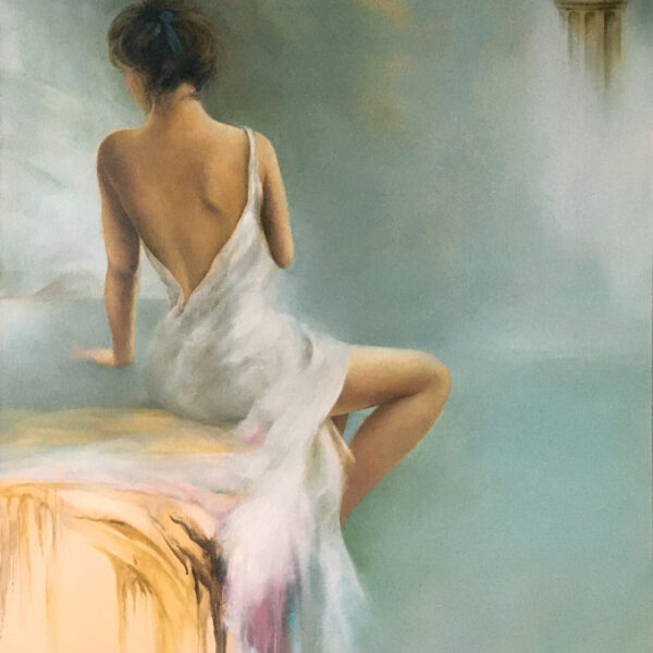 obraz olejny na płótnie, malarstwo akt kobiecy, obrazy kobieta siedząca nad basenem, spa, basen, hotel, kolumna