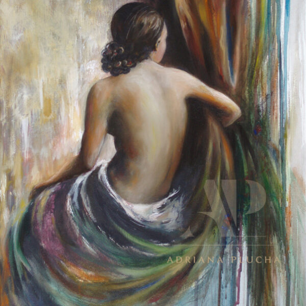 malarstwo, akt kobieta, obraz olejny na płótnie, nagość, szaty, obraz kolorowy.