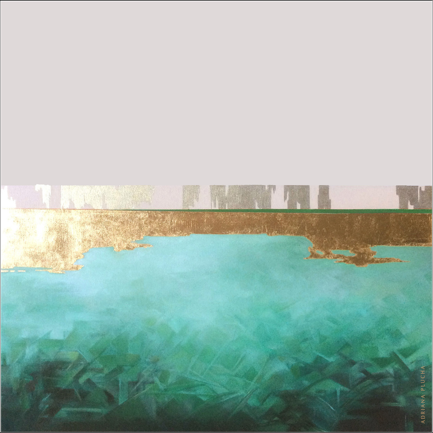 obraz na ścianę abstrakcyjny na płótnie, szmaragdowy, lazurowe wybrzeże, złote detale, miasto w tle