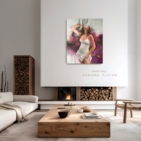 akt kobiecy obraz olejny, akryl na płótnie, ręcznie malowany, obraz nowoczesny do salonu, tańcząca kobieta w białej sukience w ekstazie.