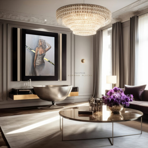 akt kobiecy obraz olejny, ręcznie malowany, na płótnie, obraz nowoczesny do salonu, szare wnętrze, złote dodatki, obraz na ścianę