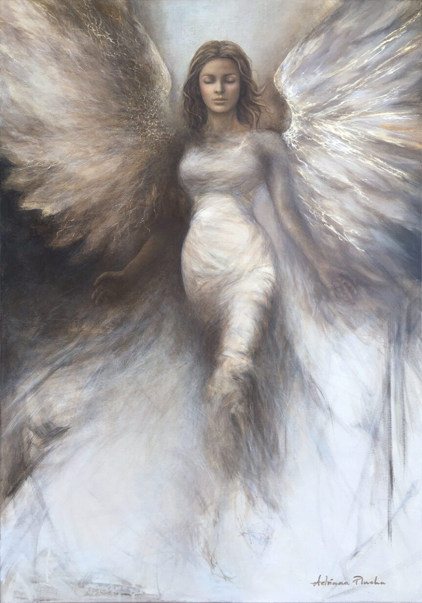 nowoczesny obraz akt kobiecy olej na płótnie, biała sukienka, skrzydła, kobieta anioł, która jest tajemnicą, sztuka współczesna