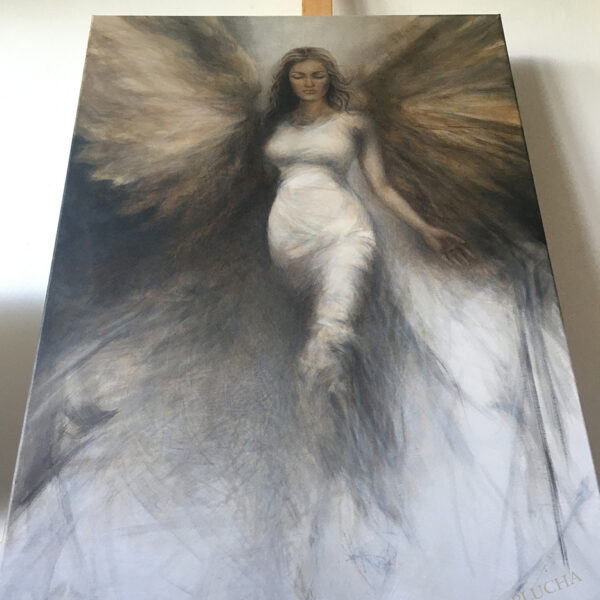 obraz na płótnie w pracowni, akt kobiecy olej na płótnie, kobieta anioł ze skrzydłami, szary obraz do nowoczesnego wnętrza, sztuka współczesna