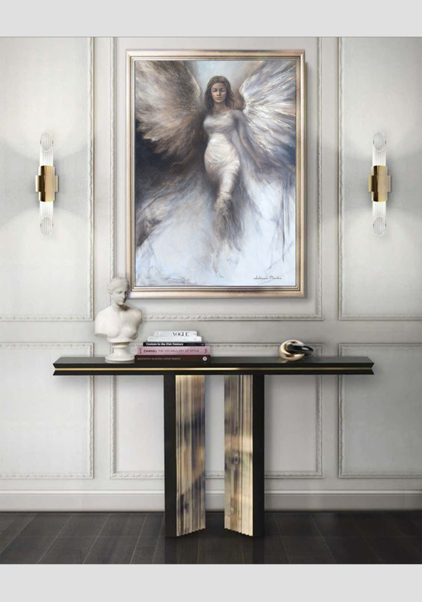 obraz akt kobiecy olej na płótnie, obraz we wnętrzu, nowoczesny obraz do salonu, kobieta anioł ze skrzydłami, kobieta jest tajemnicą