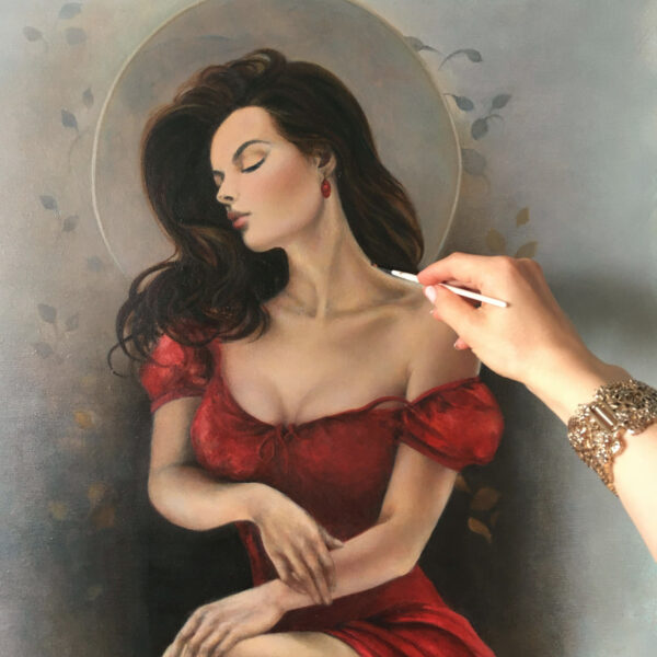 akt kobiecy obraz olejny, piękna kobieta w czerwonej sukience, emanacja obfitości i zmysłowości, nowoczesny obraz olejny do salonu