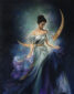 (English) “Moonlit Night”, figurative painting, female figure, 23k antique gold leaf