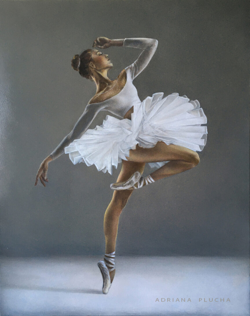(English) "In the embrace of inner peace", figurative painting, ballerina, calm, harmony