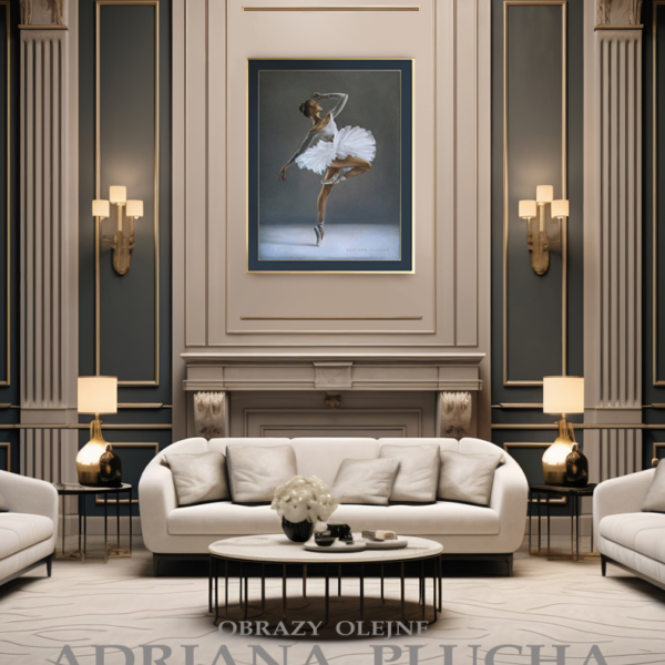 eleganckie wnętrze willi, szary i beż, oraz obraz olejny na ścianie z baletnicą w bieli na szarym tle, poezja i wyrafinowanie.