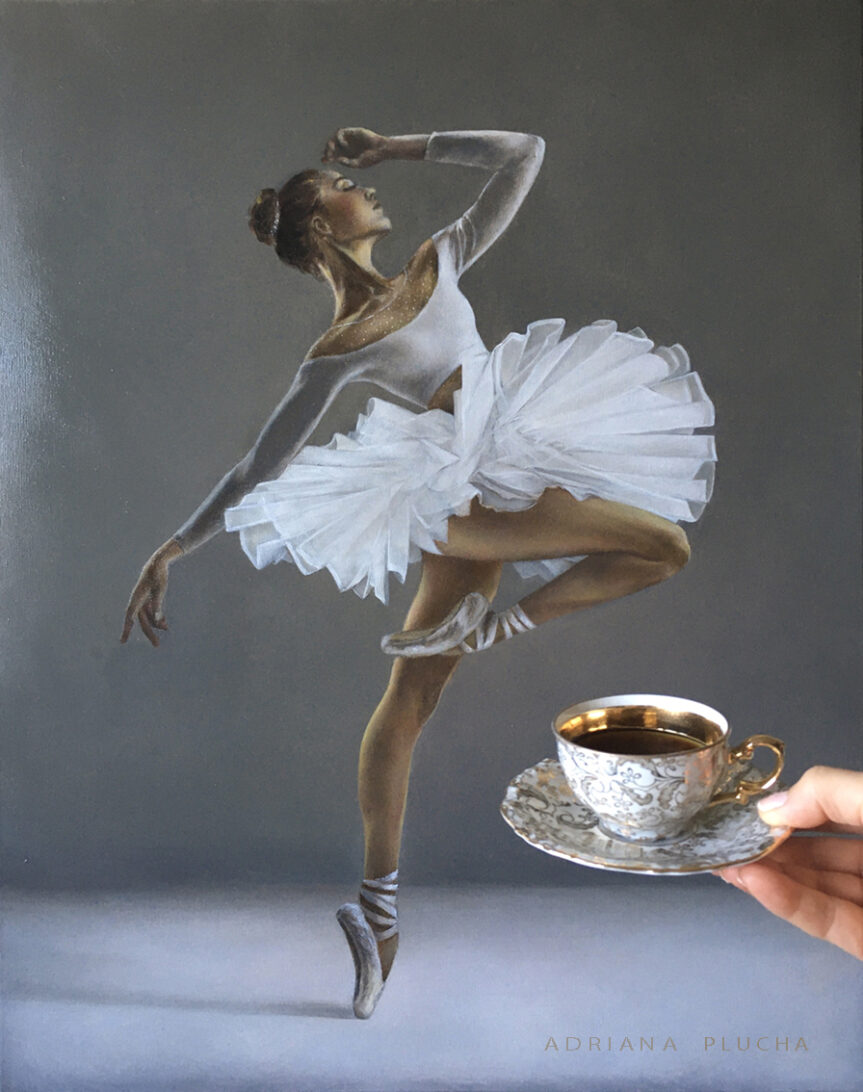 malarstwo obraz olejny na płótnie akt kobiecy tańcząca balerina na szarym tle i elegancka porcelanowa filiżanka ze świeżo zaparzoną kawą