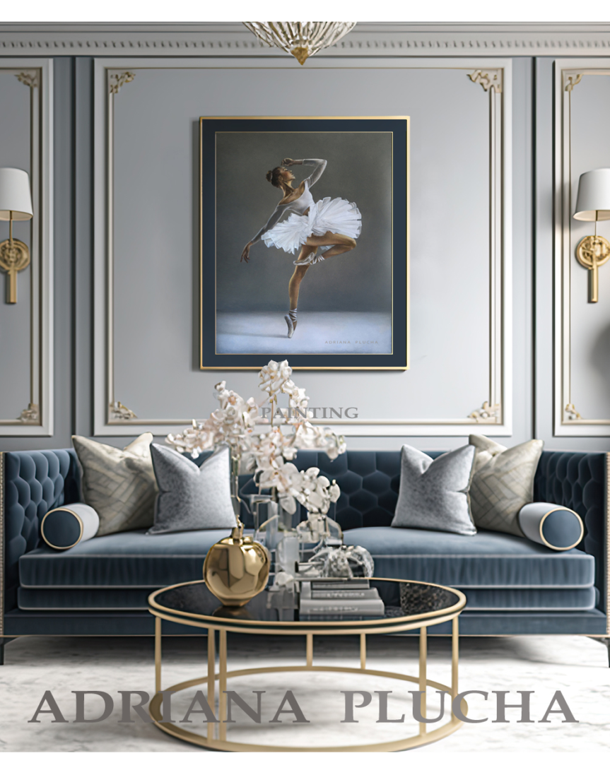 szare wnętrze, złote dodatki, obraz do salonu, akt kobiecy obraz olejny, dekoracja na ścianę, sztuka współczesna