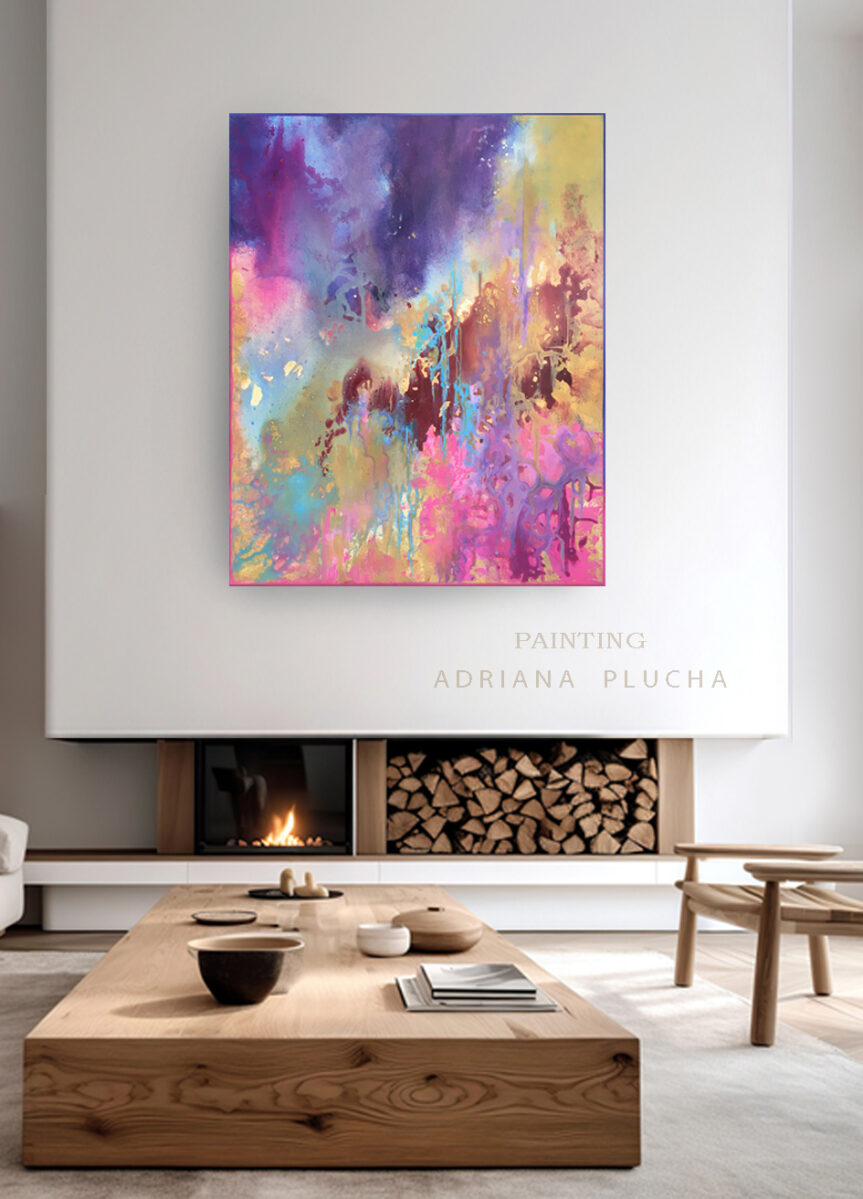 Minimalistyczny skandynawski wystrój nowoczesnego salonu. i kolorowy duży obraz abstrakcyjny na ścianie, paleta barw, las pejzaż