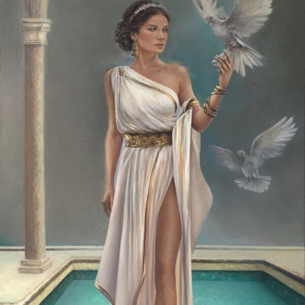 obrazy olejne akt kobiecy, malarstwo kobieta, antyk, białe ptaki, szare dodatki do salonu