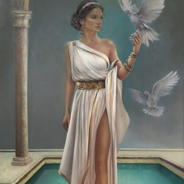 akt kobiecy obrazy olejne, malarstwo kobieta na płótnie, antyk, białe ptaki, szare dodatki do salonu