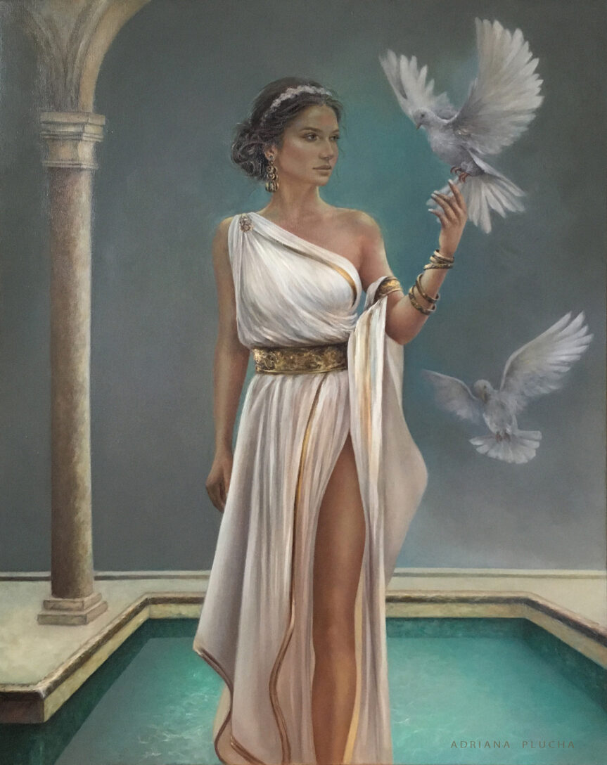 akt kobiecy obrazy olejne, malarstwo kobieta na płótnie, antyk, białe ptaki, szare dodatki do salonu