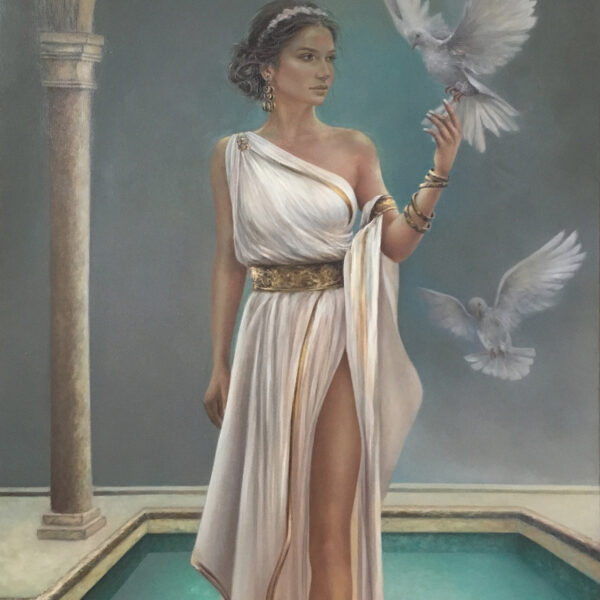 akt kobiecy obrazy olejne, malarstwo kobieta na płótnie, antyk, białe ptaki, szare dodatki do salonu