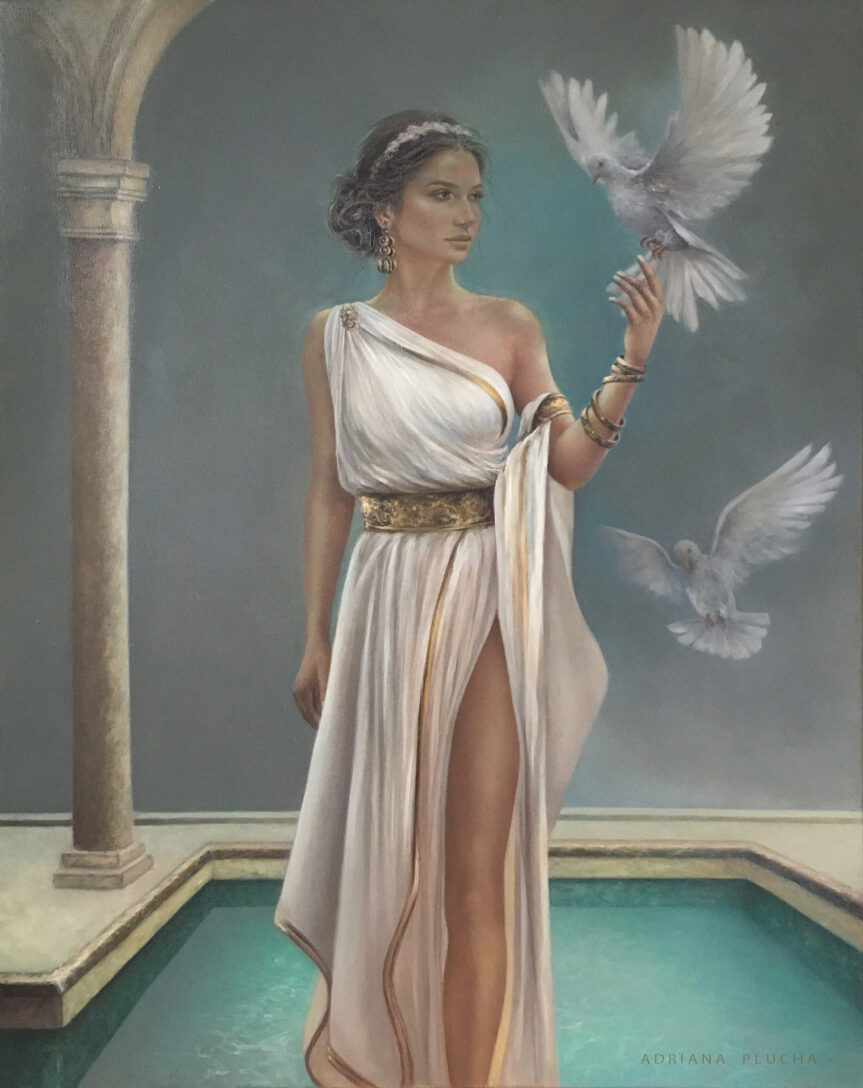 akt kobiecy obrazy olejne, malarstwo kobieta na płótnie, antyk, białe ptaki, szare dodatki do salonu
