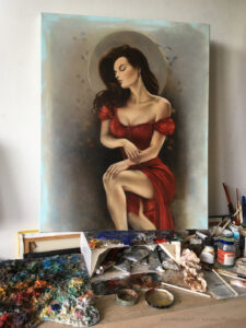 pracownia artysty, polska współczesna malarka, sztuka współczesna, podczas pracy, adriana plucha, akt kobiecy obraz na płótnie