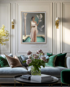 glamour modern style interior design, obraz olejny z postacią kobiecą jako dekoracja wyrafinowanego salonu, kolorystyka ecrue, złota, szrości i zieleni,