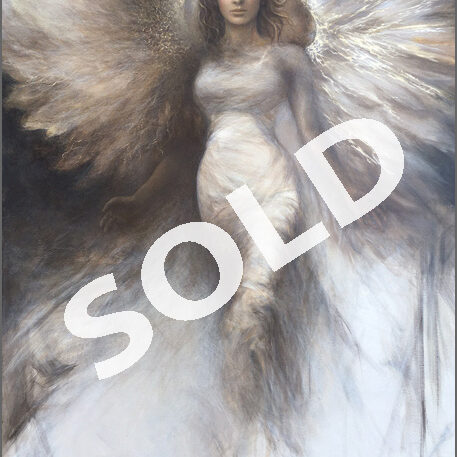 akt kobiecy obraz olejny anioł z rozłożonymi skrzydłami, kolory: szary, złoty, brąz, ugier, monochromatyczny,