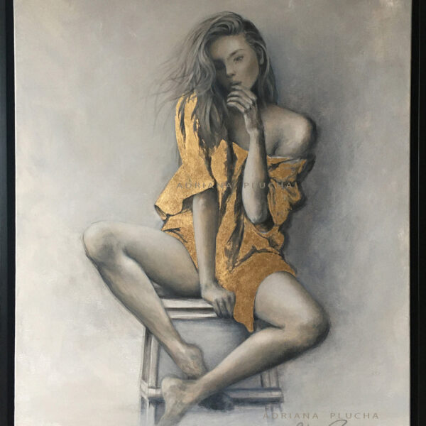 akt kobiecy obraz akrylowy, malarstwo, szary obraz na ścianę ze złotem w płatkach.