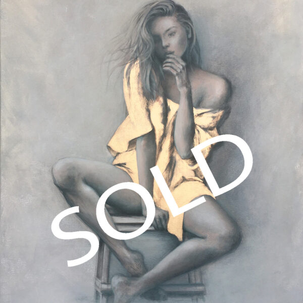 akt kobiecy obraz olejny akryl, kobieta w malarstwie, szary i złoto w płatkach