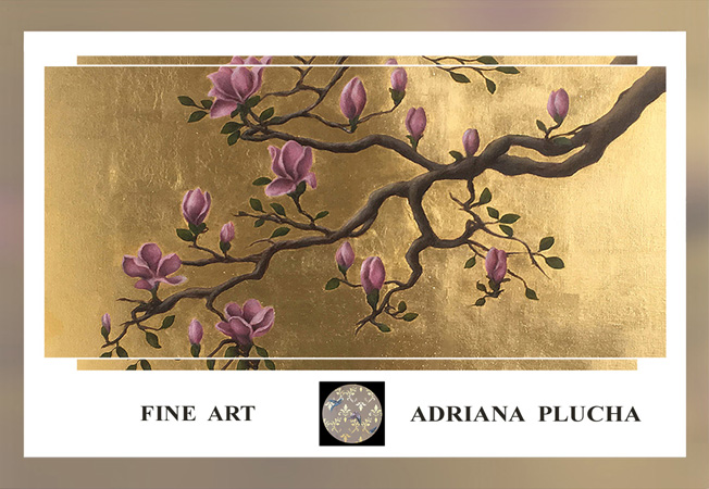 fine art, unique painting, contemporary landscape with gold, silver and platinum leaf